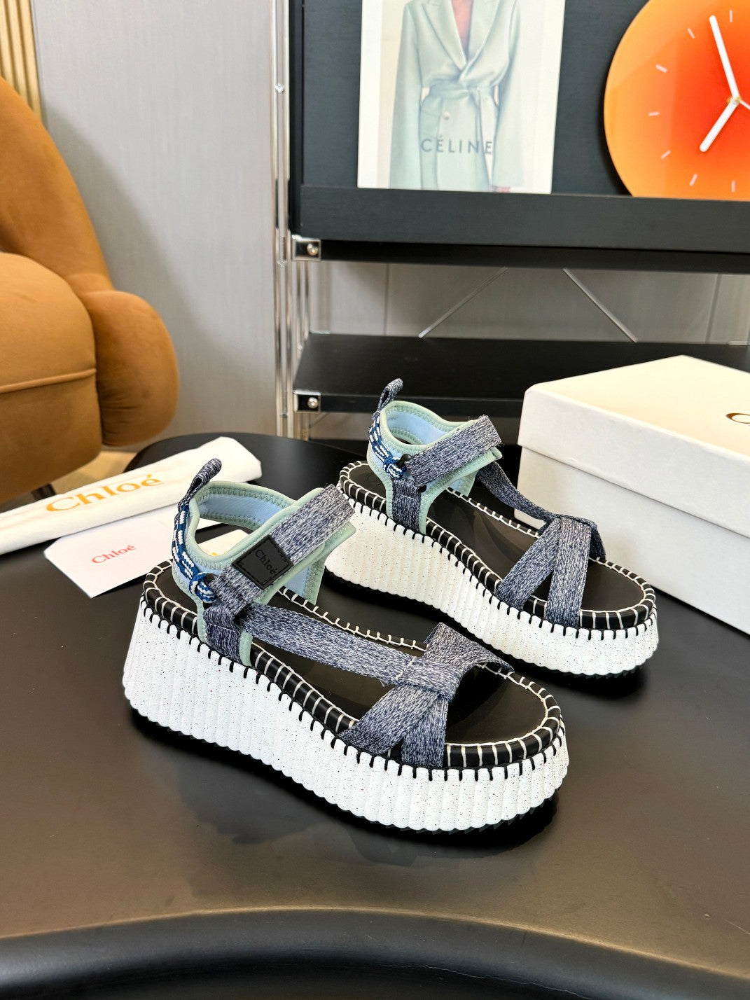 NAMA WEDGE SANDALS IN GREY FABRIC AND WHITE RUBBER