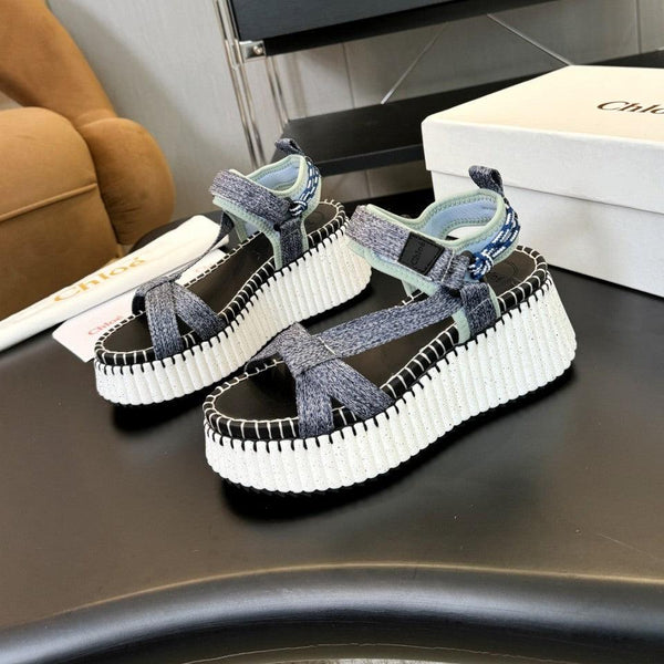 CHLOÉ NAMA WEDGE SANDALS IN GREY FABRIC AND WHITE RUBBER