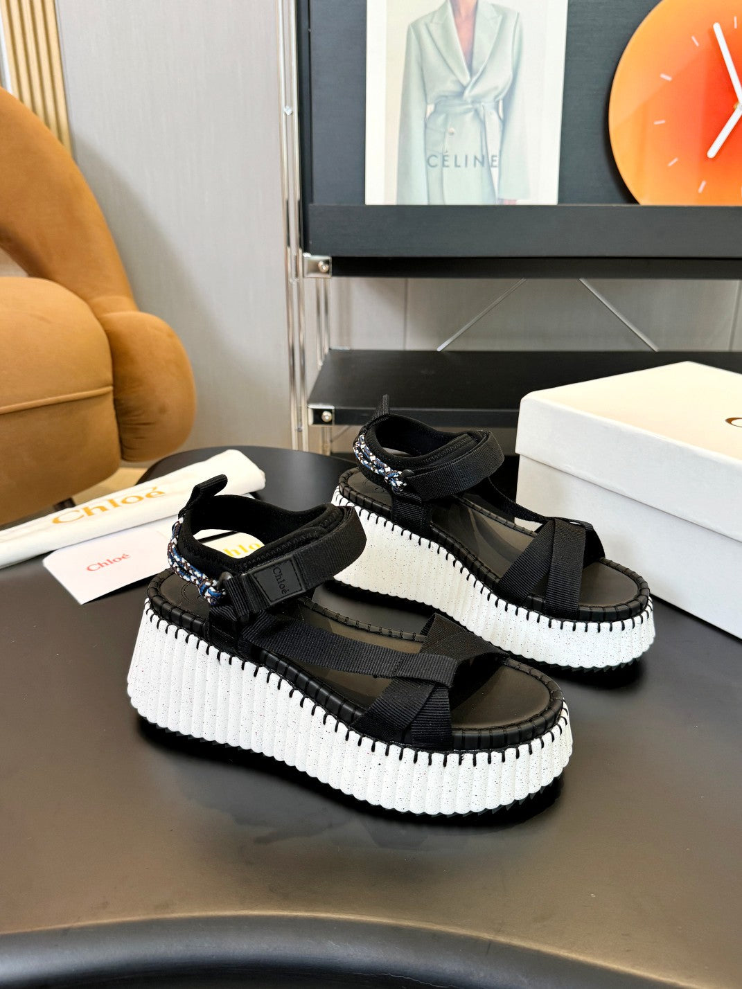 NAMA WEDGE SANDALS IN BLACK FABRIC AND WHITE RUBBER