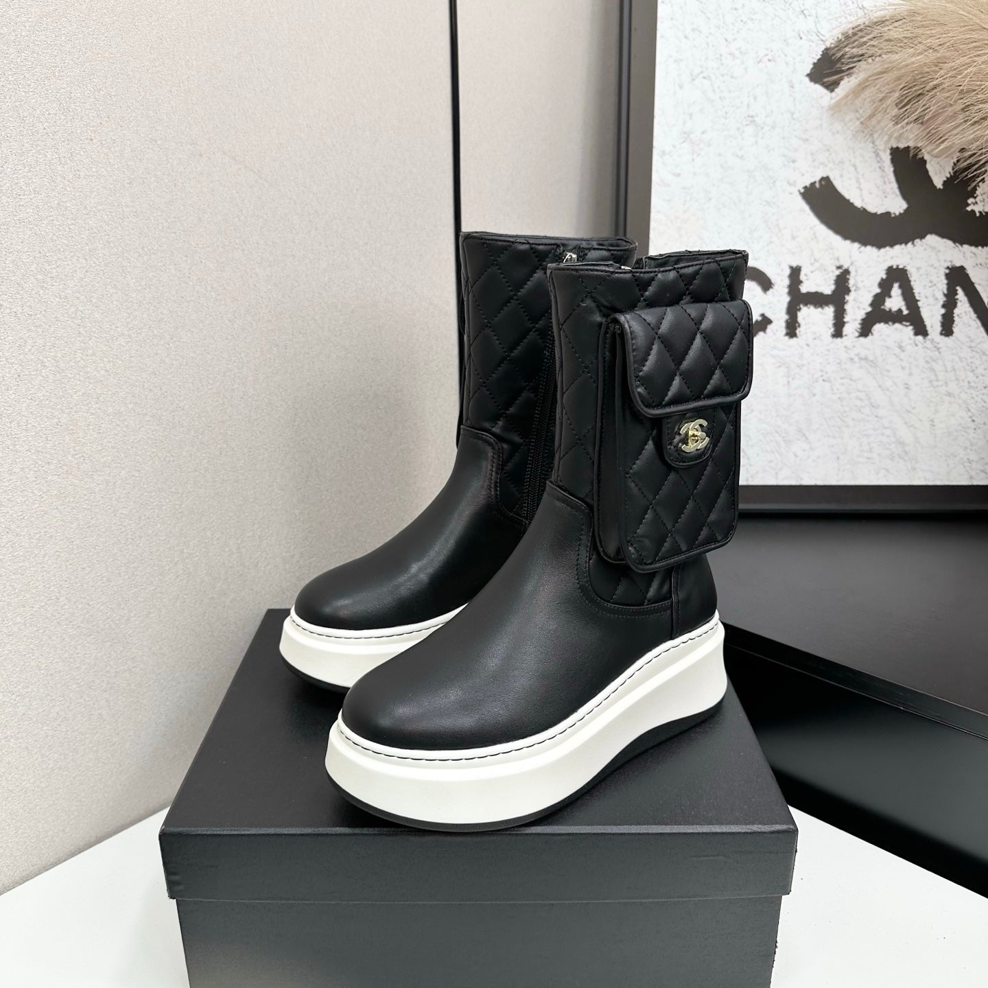 CHANEL 25S WEDGE ANKLE BOOTS IN BLACK CALFSKIN SILVER HARDWRE