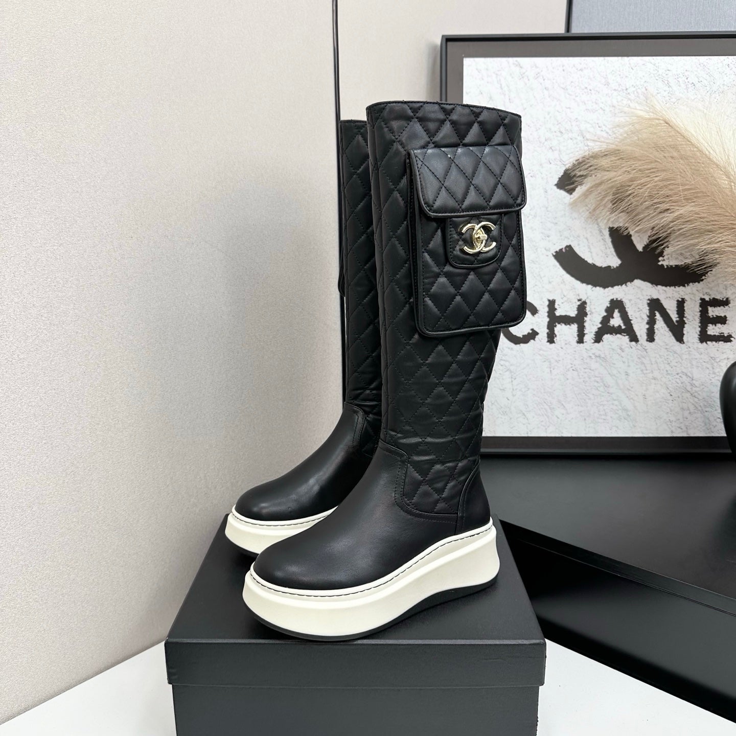 CHANEL 25S WEDGE KNEE-HIGH BOOTS IN BLACK CALFSKIN SILVER HARDWRE
