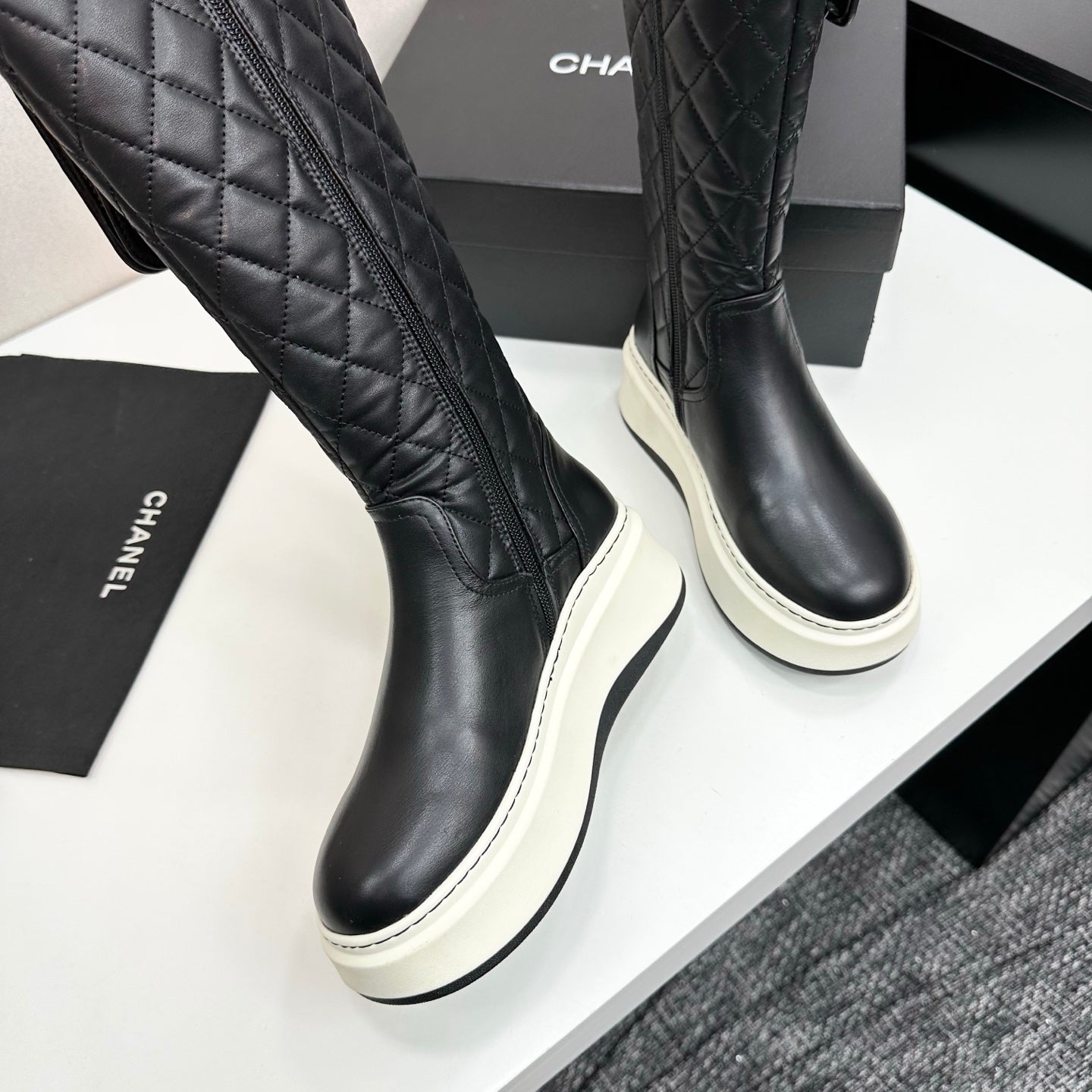 CHANEL 25S WEDGE KNEE-HIGH BOOTS IN BLACK CALFSKIN SILVER HARDWRE