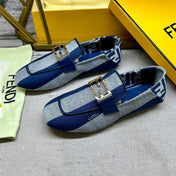 FENDI BAGUETTE LOAFERS IN AZURE BLUE CANVAS GOLD HARDWARE