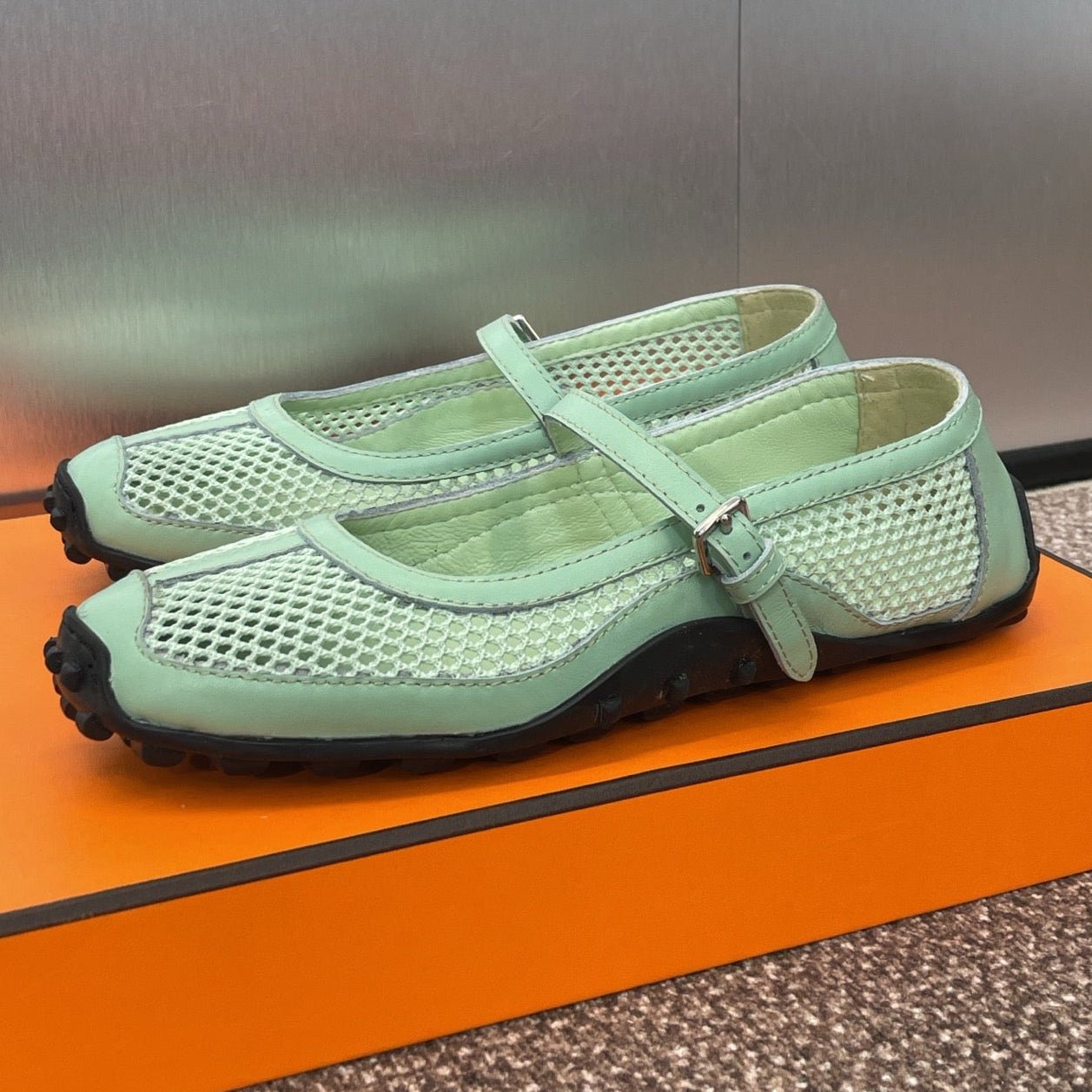 KICHU BALLET FLAT IN GREEN MINT CROCHET KNIT AND CALFSKIN