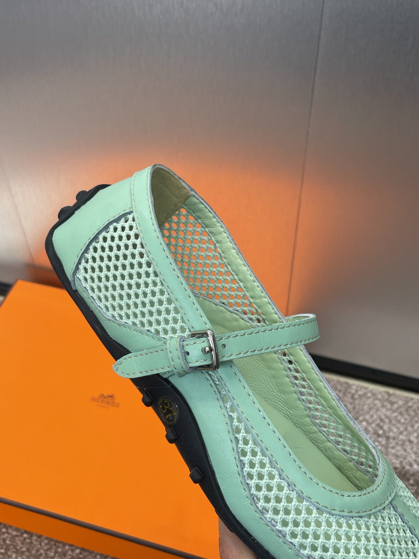 KICHU BALLET FLAT IN GREEN MINT CROCHET KNIT AND CALFSKIN