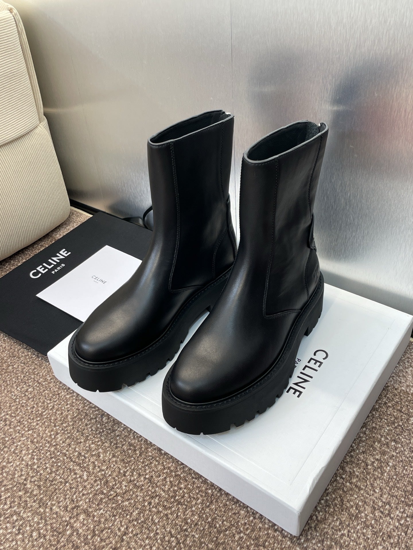 CELINE 26S ANKLE BOOTS 45 MM IN BLACK CALFSKIN