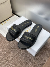 DIOR 25S D-LANE SLIDE BLACK CALFSKIN AND BLACK BRAIDED RAFFIA