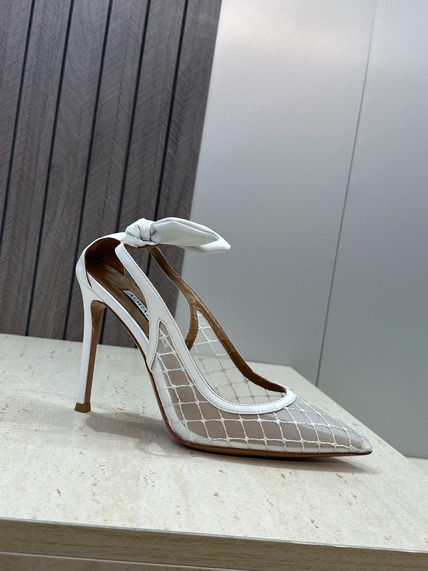 AQUAZZURA 26S SLINGBACK HEELS 105 MM IN WHITE MESH AND LAMBSKIN