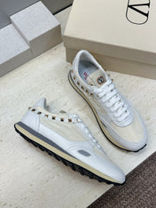 VALENTINO 26S ROCKRUNNER SNEAKERS IN WHITE CALFSKIN AND BEIGE FABRIC