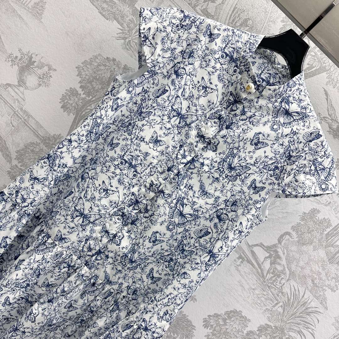 CD Short Dress White Cotton Muslin with Blue Butterfly Motif