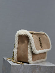 NIKI MEDIUM 28 IN CAMEL SUEDE AND WHITE SHEARLING