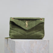 YSL 25S LOULOU PUFFER MM 29 IN GREEN SUEDE GOLD HARDWRE