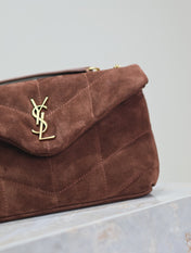 YSL 25S LOULOU PUFFER MINI 23 IN DARK BROWN SUEDE GOLD HARDWARE