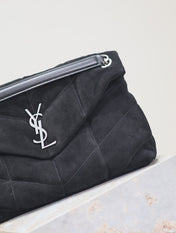 YSL 25S LOULOU PUFFER GM 35 IN BLACK SUEDE SILVER HARDWARE