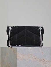 YSL 25S LOULOU PUFFER MM 29 IN BLACK SUEDE SILVER HARDWARE