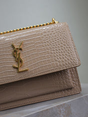 YSL 25S SUNSET MEDIUM 22 IN NUDE CROCODILE-EMBOSSED SHINY CALFSKIN GOLD HARDWRE