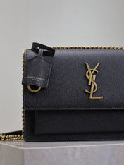 YSL 25S SUNSET MEDIUM 22 IN BLACK GRAINED CALFSKIN GOLD HARDWARE