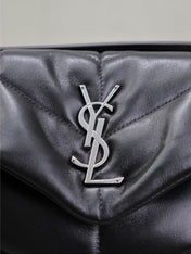 YSL 25S LOULOU PUFFER MM 29 IN BLACK CALFSKIN SILVER HARDWARE