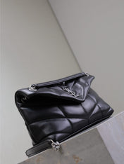 YSL 25S LOULOU PUFFER MM 29 IN BLACK CALFSKIN SILVER HARDWARE