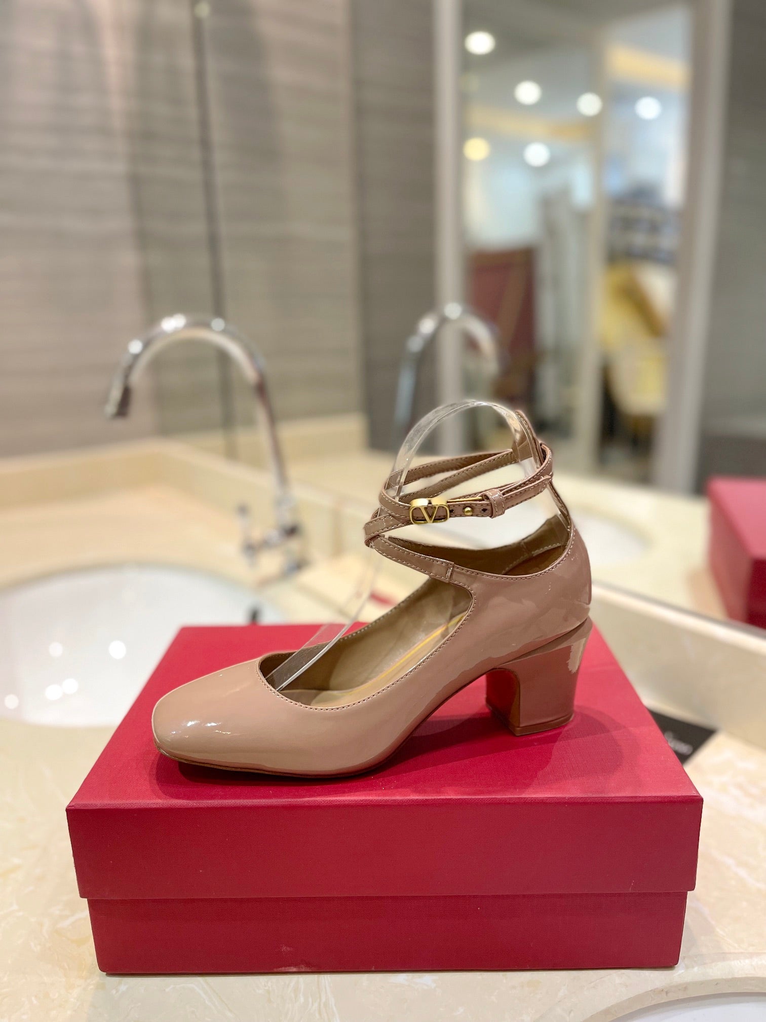 VALENTINO 26S ANKLE STRAP PUMPS 60 MM IN BEIGE PATENT CALFSKIN