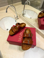 VALENTINO 26S FOOTBED SANDALS IN BROWN GLOSSY LEATHER MIX SUEDE
