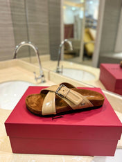 VALENTINO 26S CROSS STRAP SANDALS IN BEIGE GLOSSY LEATHER MIX BROWN SUEDE