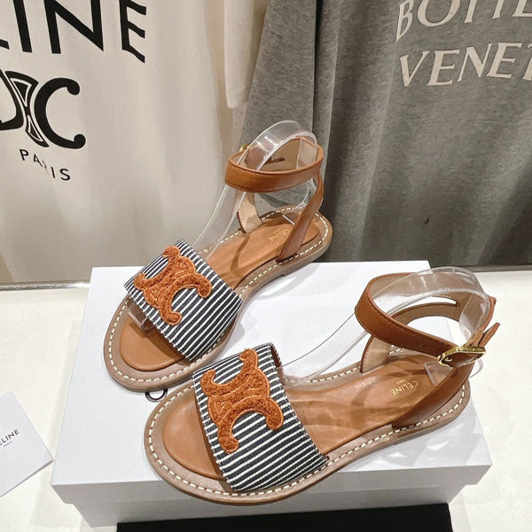 LYMPIA SANDAL IN TRIOMPHE MACCRAMÉ COTTON & CALFSKIN BRONZE BROWN/NAVY