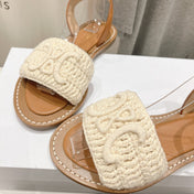 LYMPIA SANDAL IN TRIOMPHE MACCRAMÉ COTTON & CALFSKIN ECRU TAN