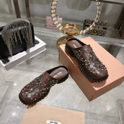 MIUMIU 26S CRYSTAL-EMBROIDERED MULES IN DARK BROWN CALFSKIN