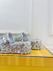 FENDI THICK SOLE 6 CM SEQUIN SLIPPER SILVER
