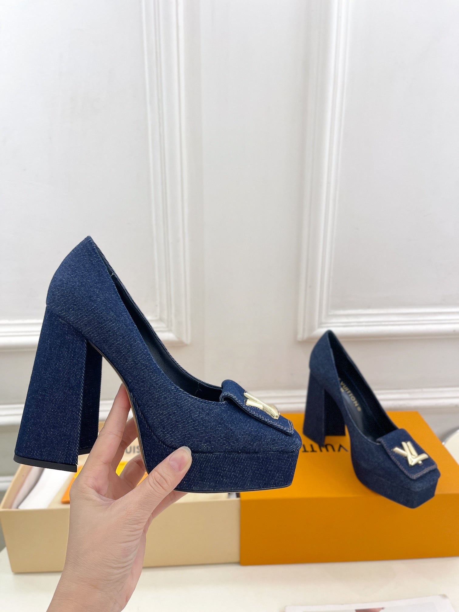 SHAKE MARY JANE HIGH HEEL 12 CM IN CLASSIC BLUE DENIM FABRIC