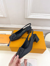 SHAKE SQUARE-TOE BLOCK HEEL 5.5 CM SANDALS IN BLACK PEPPLE CALFSKIN