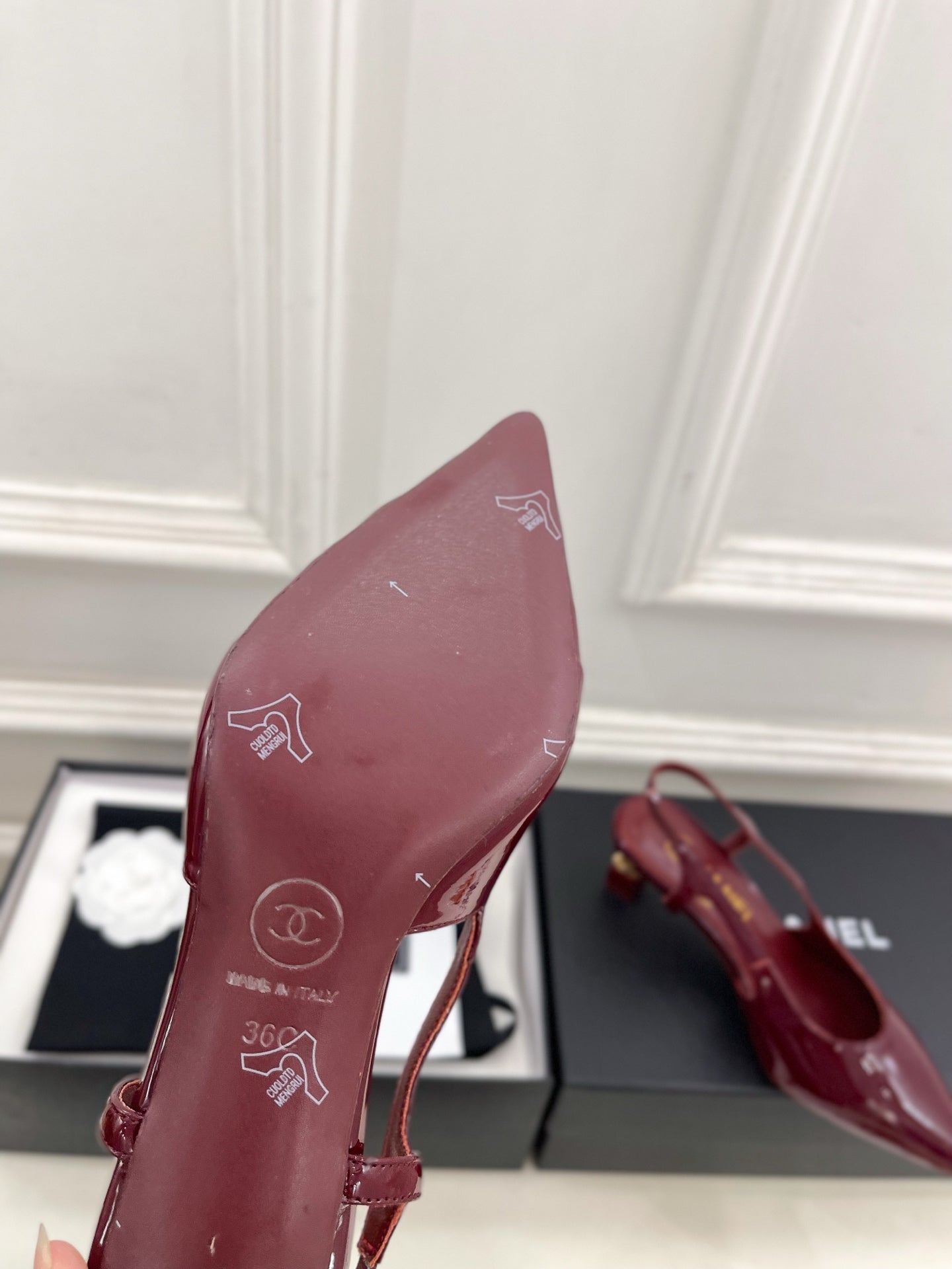 CHANEL 26S POINTED TOE HIGH HEELS 55 MM IN DARK RED PATENT LAMBSKIN