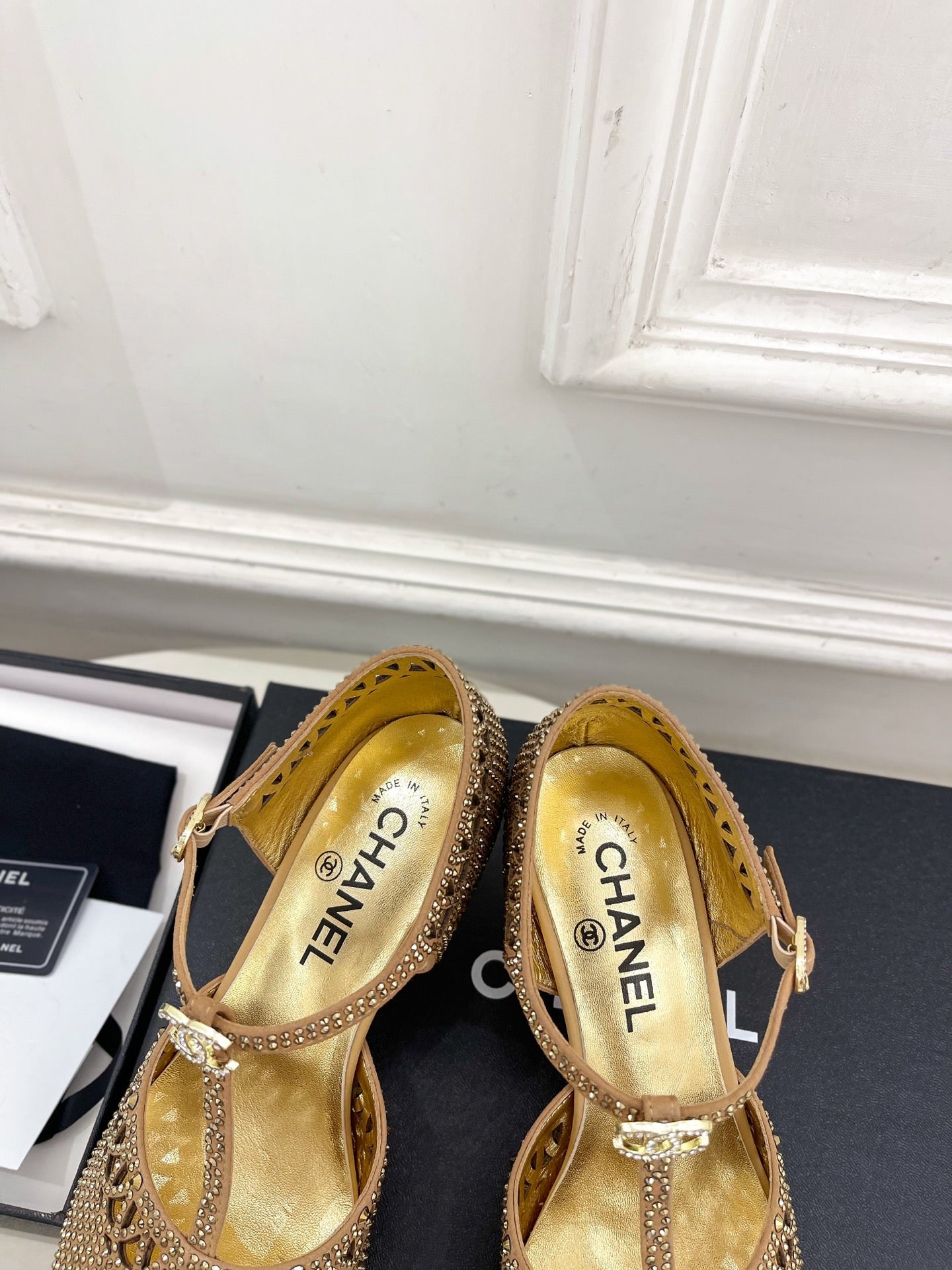CHANEL 26S HIGH HEELS 65 MM IN GOLD WITH CRYSTAL EMBELLISHMENTS
