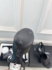 CHANEL 26S HIGH HEEL SLINGBACK SANDALS 90 MM IN BLACK LAMBSKIN