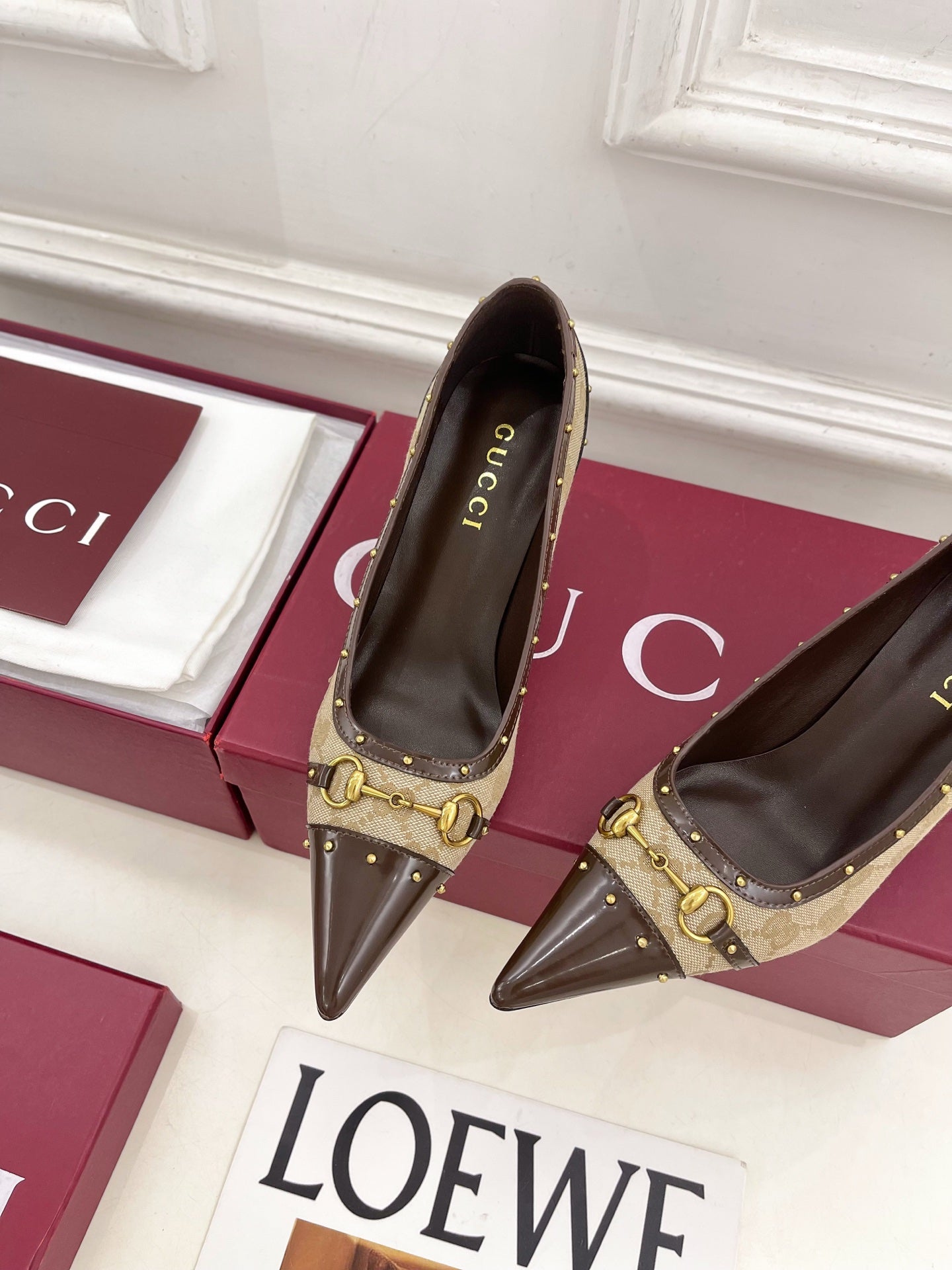 GUCCI 26S HIGH HEELS 75 MM IN BEIGE CANVAS GG LOGO PATTERN