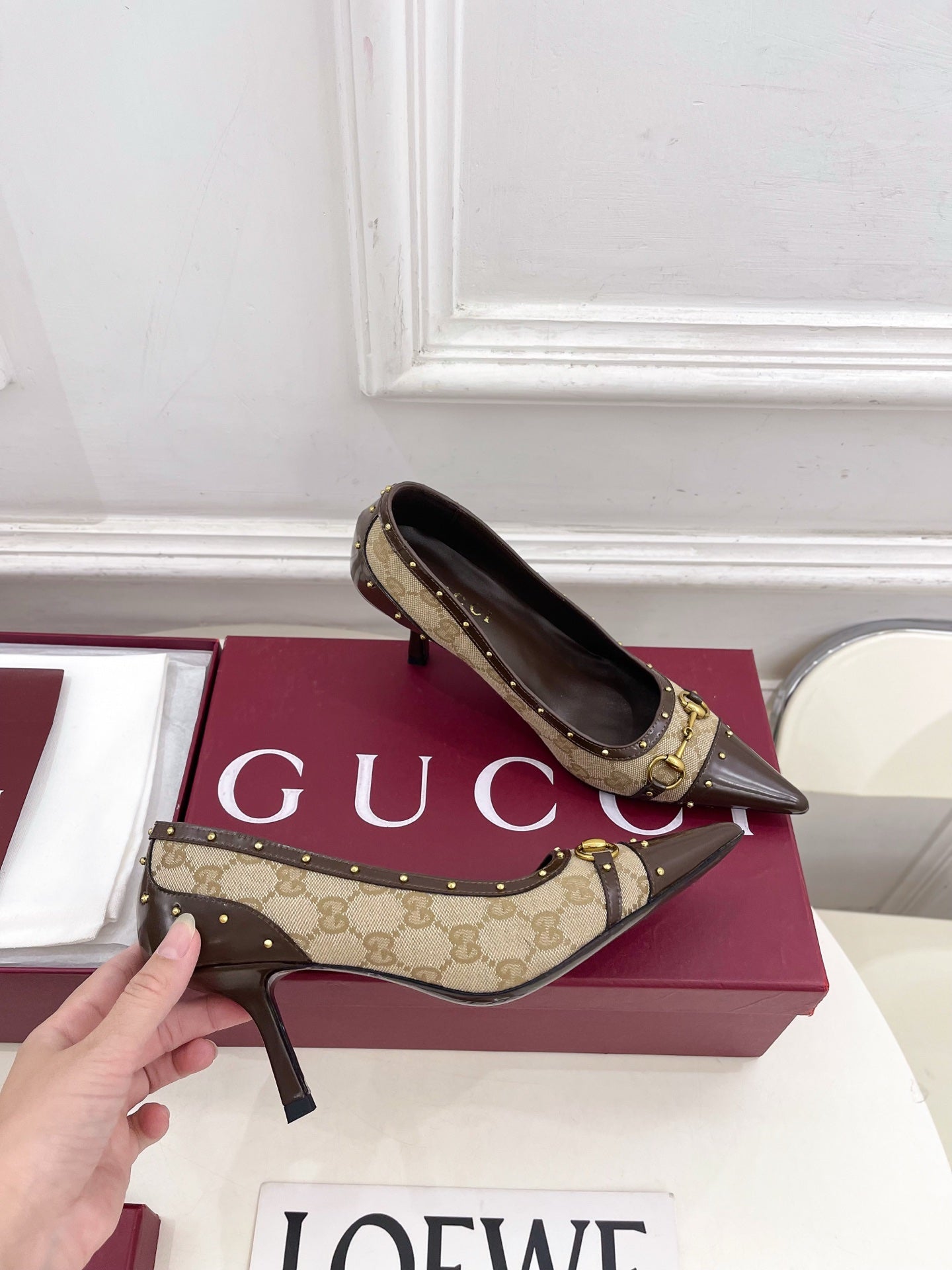 GUCCI 26S HIGH HEELS 75 MM IN BEIGE CANVAS GG LOGO PATTERN