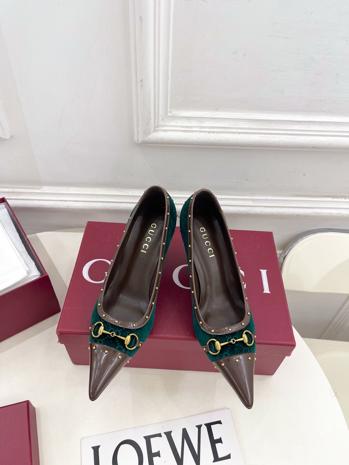 GUCCI 26S HIGH HEELS 75 MM IN DARK GREEN VELVET GG LOGO PATTERN