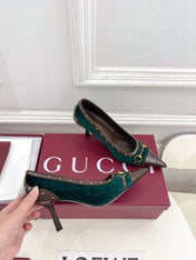 GUCCI 26S HIGH HEELS 75 MM IN DARK GREEN VELVET GG LOGO PATTERN