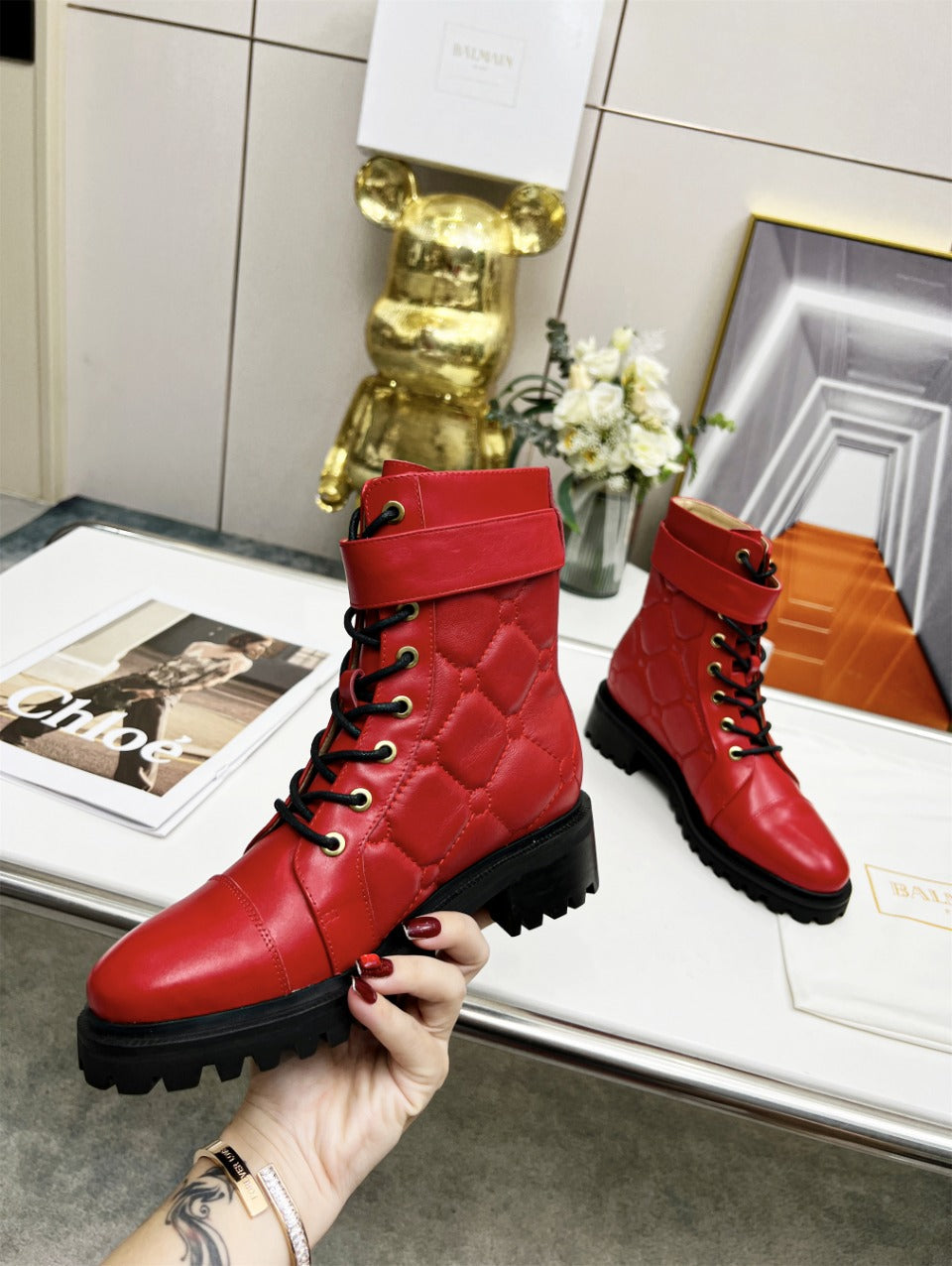 BALMAIN 26S COMBAT BOOTS IN RED CALFSKIN