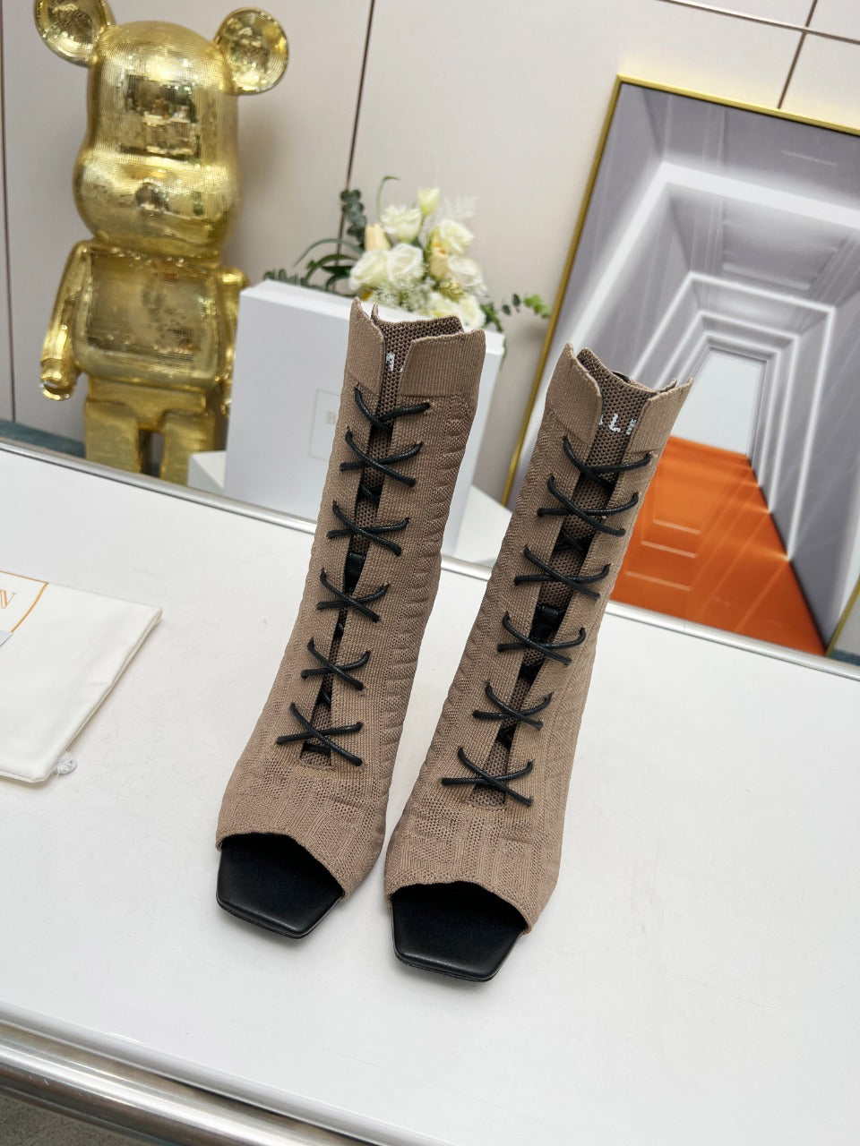 BALMAIN 26S LACE UP OPEN TOE BOOTS 95 MM IN GRAYISH BROWN FLYKNIT