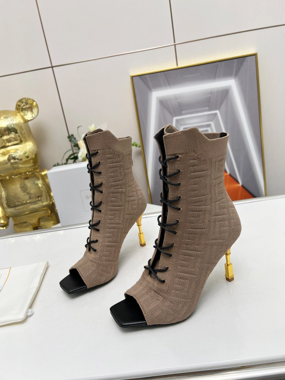 BALMAIN 26S LACE UP OPEN TOE BOOTS 95 MM IN GRAYISH BROWN FLYKNIT