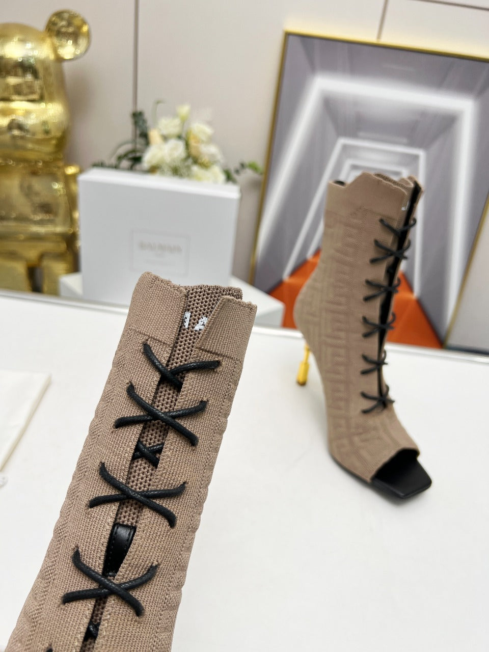 BALMAIN 26S LACE UP OPEN TOE BOOTS 95 MM IN GRAYISH BROWN FLYKNIT