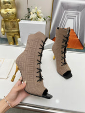 BALMAIN 26S LACE UP OPEN TOE BOOTS 95 MM IN GRAYISH BROWN FLYKNIT