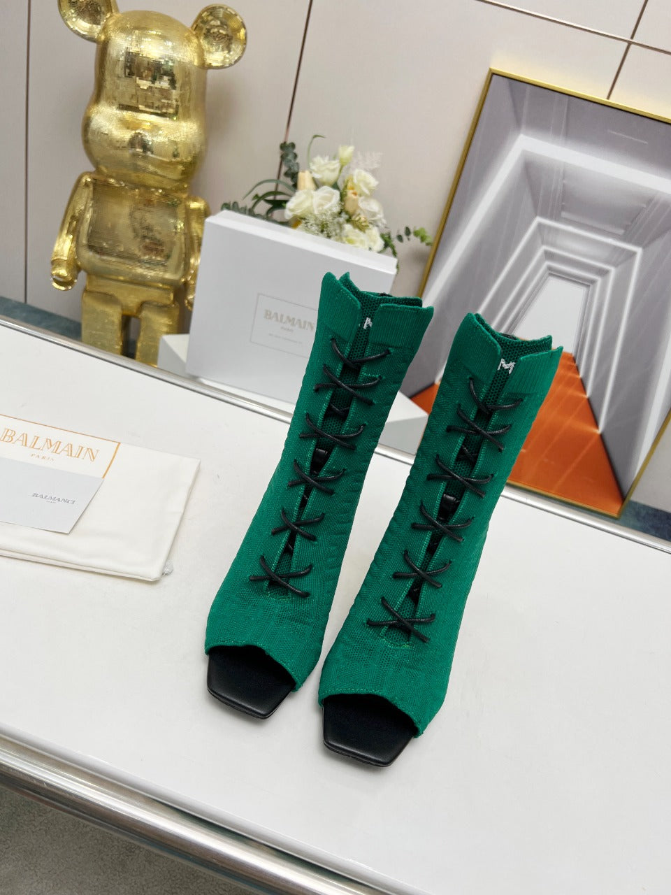 BALMAIN 26S LACE UP OPEN TOE BOOTS 95 MM IN GREEN FLYKNIT