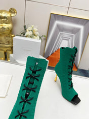 BALMAIN 26S LACE UP OPEN TOE BOOTS 95 MM IN GREEN FLYKNIT