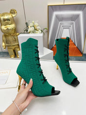 BALMAIN 26S LACE UP OPEN TOE BOOTS 95 MM IN GREEN FLYKNIT