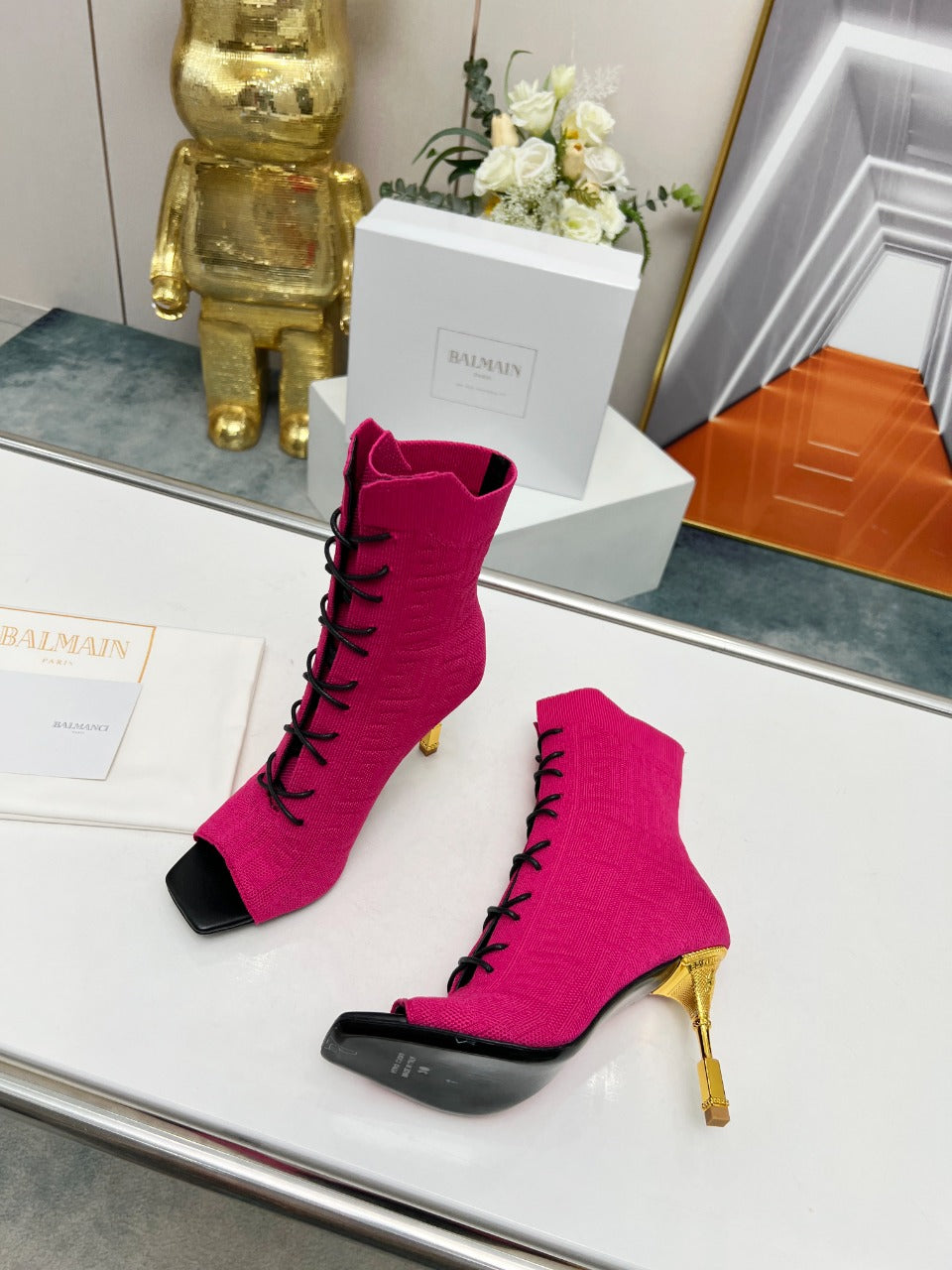 BALMAIN 26S LACE UP OPEN TOE BOOTS 95 MM IN PINK FLYKNIT