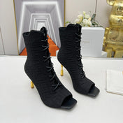 BALMAIN 26S LACE UP OPEN TOE BOOTS 95 MM IN BLACK FLYKNIT