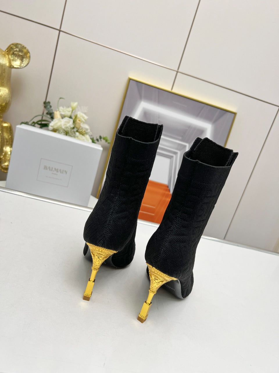 BALMAIN 26S LACE UP OPEN TOE BOOTS 95 MM IN BLACK FLYKNIT